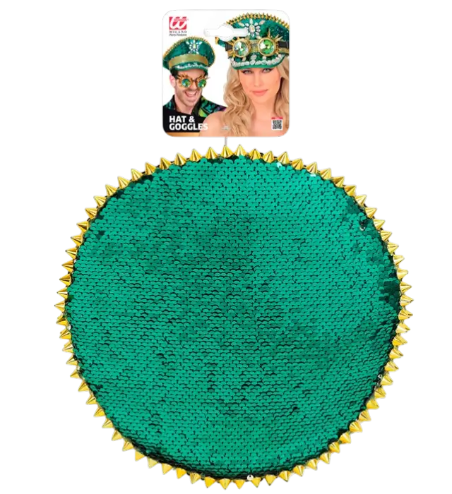 Gorra Festival Verde con Puntas, Joyas y Gafas Kaleidoscópicas con Lentejuelas – Accesorio Disfraz