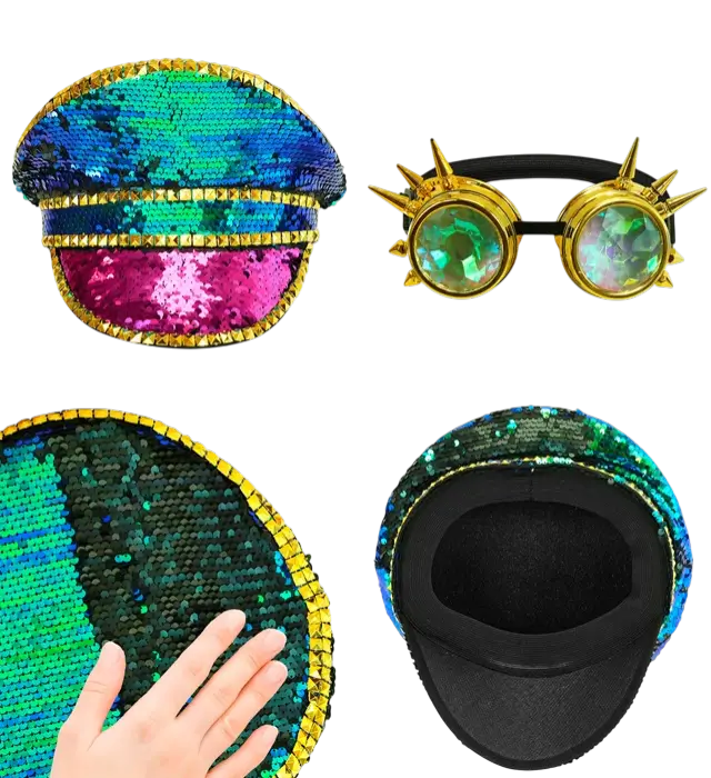 Sombrero Festival con Tachuelas y Gafas Kaleidoscópicas con Puntas y Lentejuelas Multicolor – Accesorio Disfraz