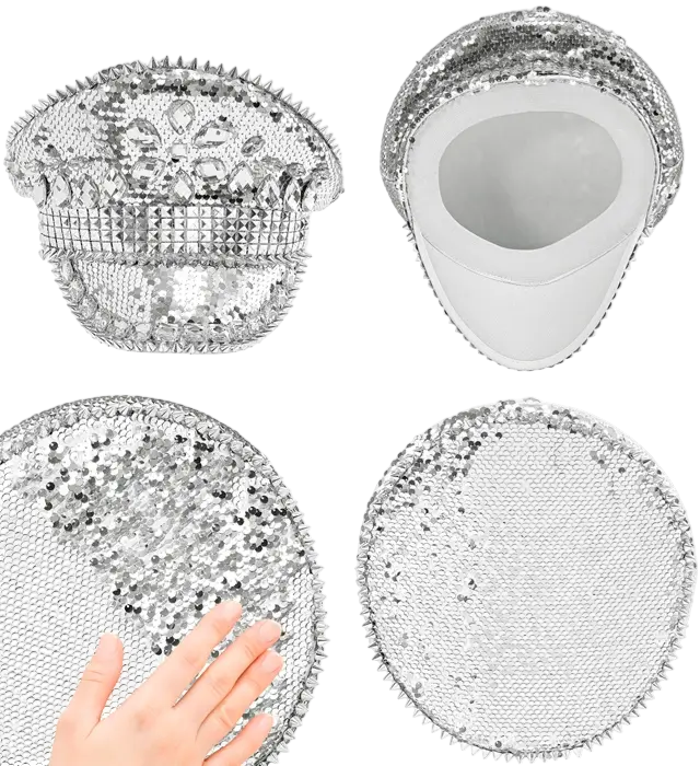 Sombrero Festival con Tachuelas, Joyas y Lentejuelas Plateadas – Accesorio Disfraz