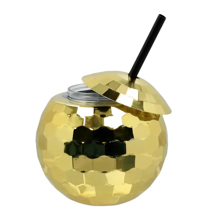 Taza bola disco con pajita dorada 600ml