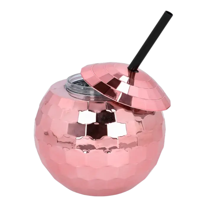 Vaso bola disco con pajita oro rosa