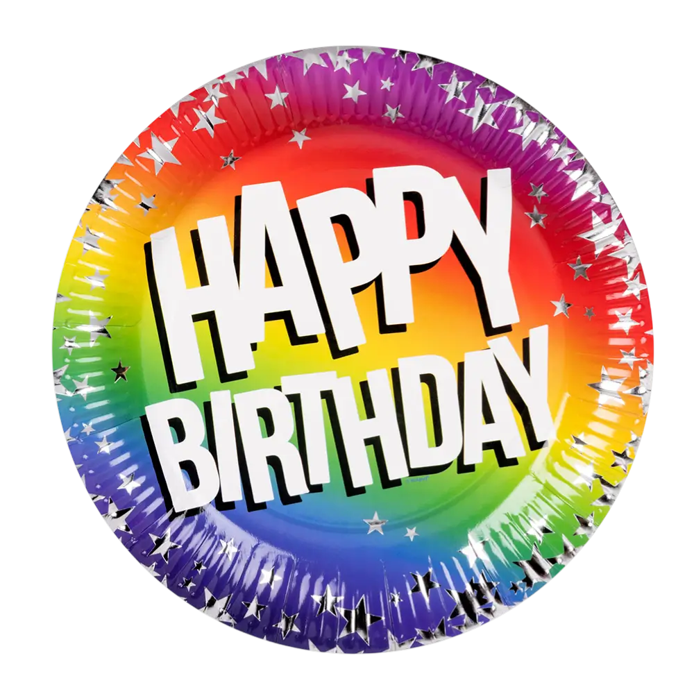 Set de 10 platos de papel "Feliz cumpleaños" arco iris (XL)