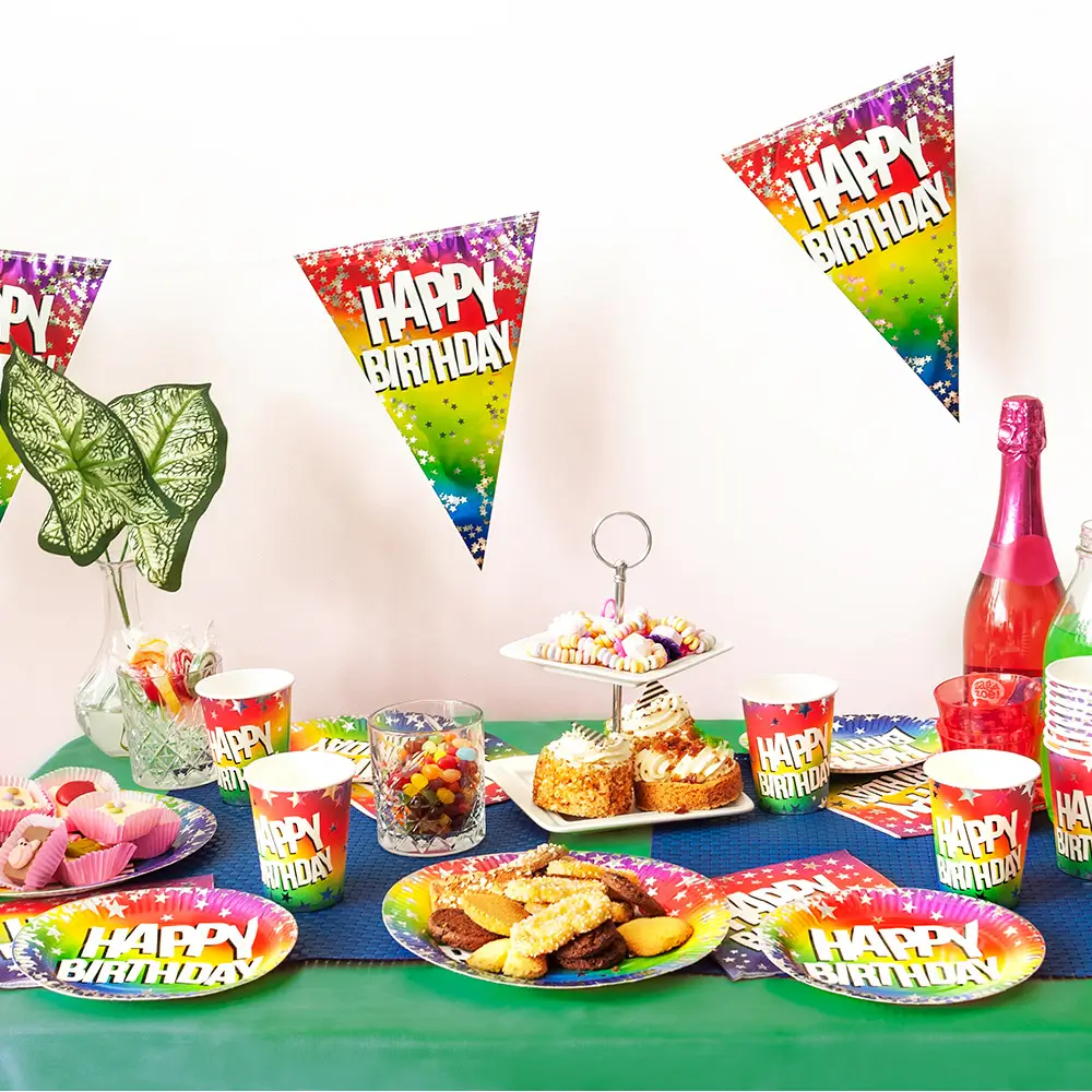 Set de 10 platos de papel "Feliz cumpleaños" arco iris (XL)