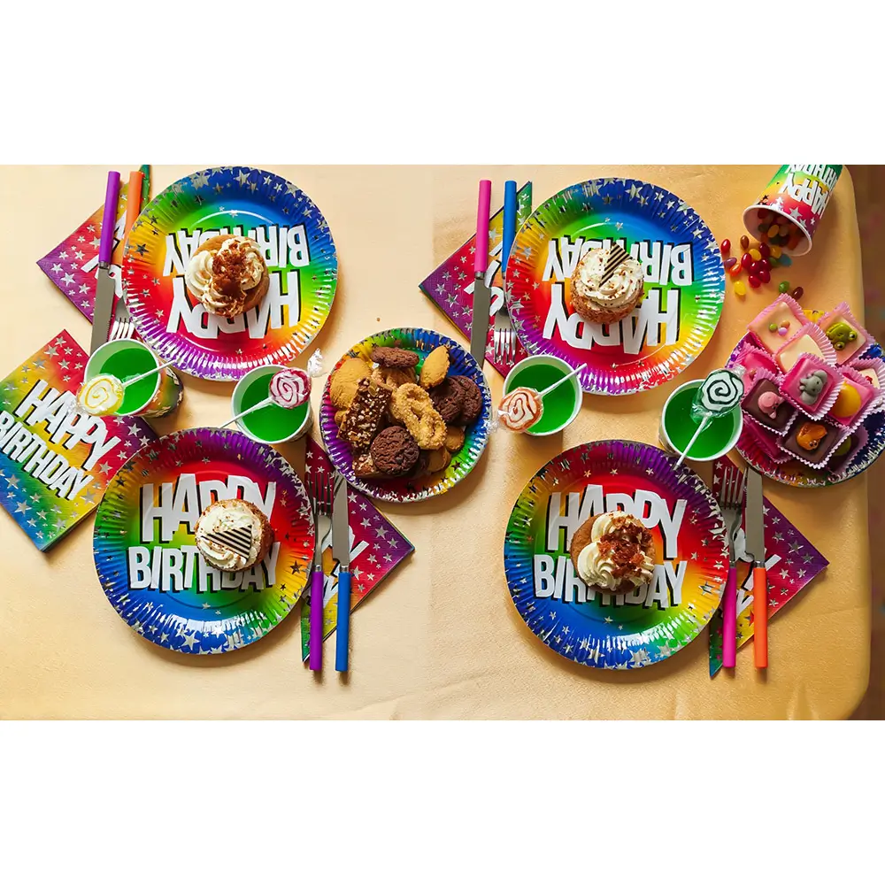 Set de 10 platos de papel "Feliz cumpleaños" arco iris (XL)