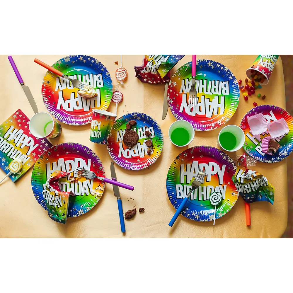 Set de 10 platos de papel "Feliz cumpleaños" arco iris (XL)