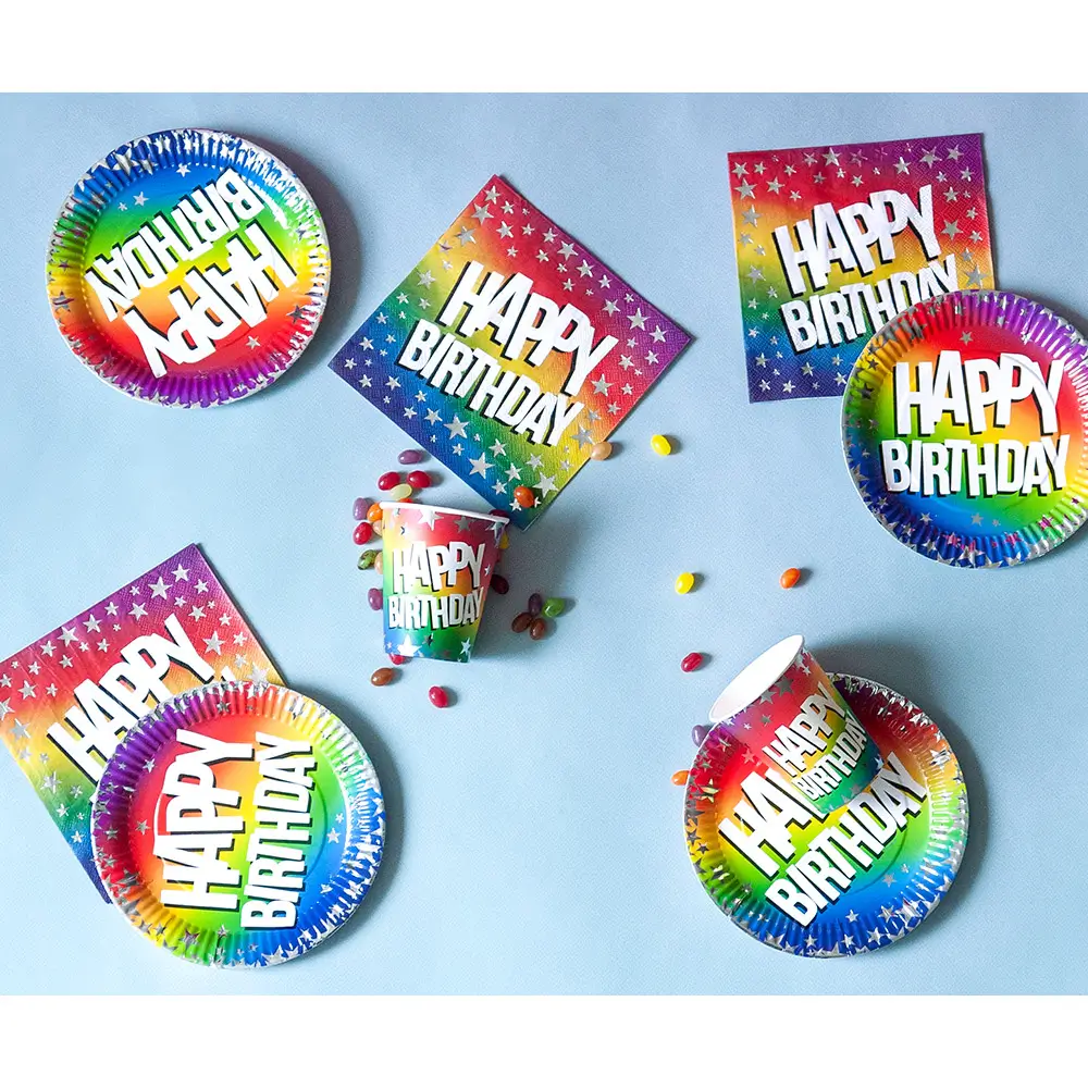 Set de 10 platos de papel "Feliz cumpleaños" arco iris (XL)