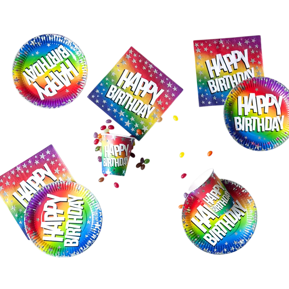 Set de 10 platos de papel "Feliz cumpleaños" arco iris (XL)