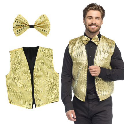 Chaleco de lentejuelas y pajarita “Spangles” – Talla M/L – Oro