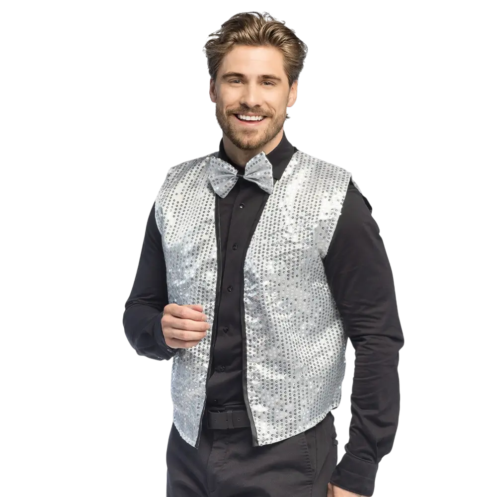 Chaleco y pajarita de lentejuelas "Spangles" - Talla M/L - Plata