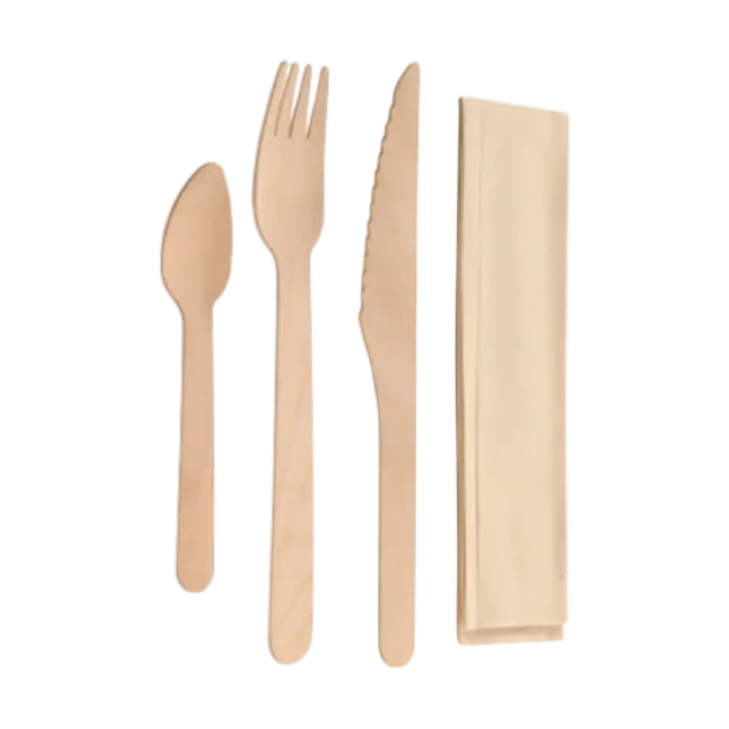 Kit de 4 cubiertos de madera + embalaje Kraft (paquete de 100)