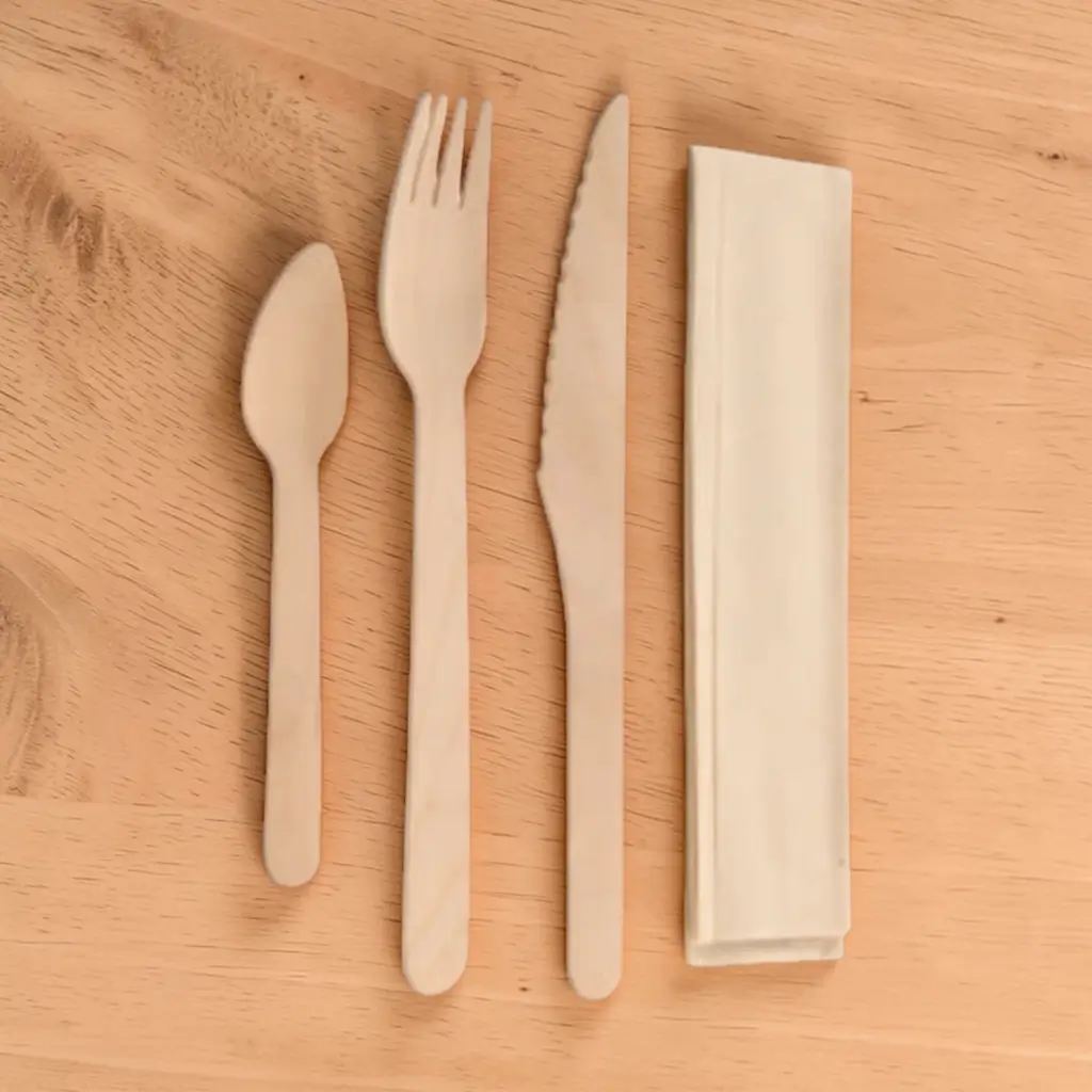Kit de 4 cubiertos de madera + embalaje Kraft (paquete de 100)