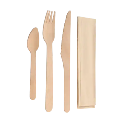 Kit de 4 cubiertos de madera + embalaje Kraft (paquete de 100)