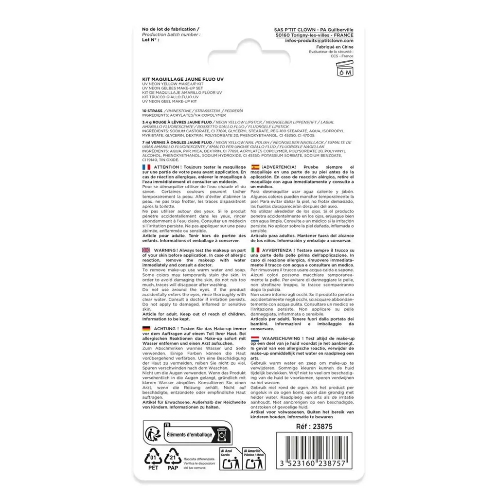 Kit de Maquillaje Amarillo Fluorescente - Accesorios Disfraz