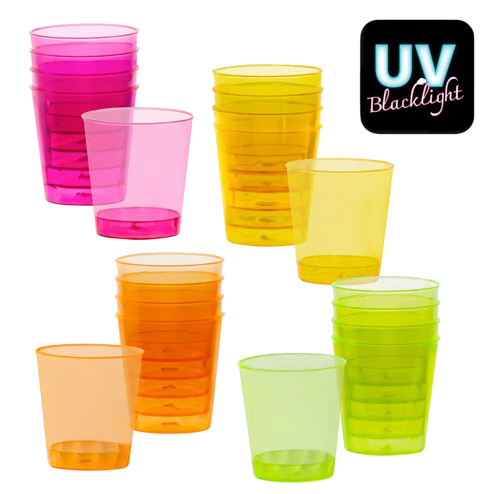 20 vasos de chupito fluorescentes UV reutilizables de 50 ml