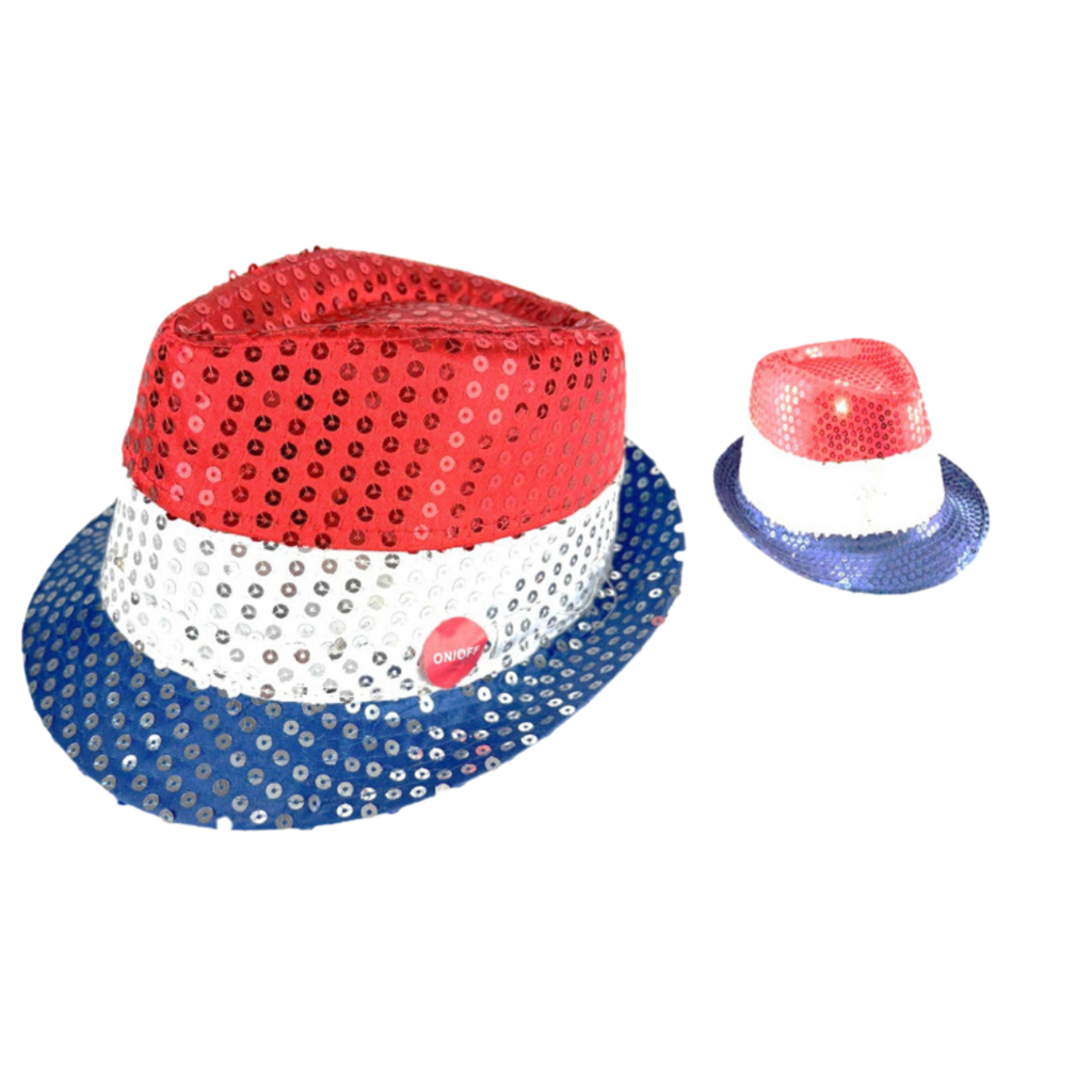 Sombrero de lentejuelas LED intermitentes azul, blanco y rojo 3 pilas LR44 incluidas