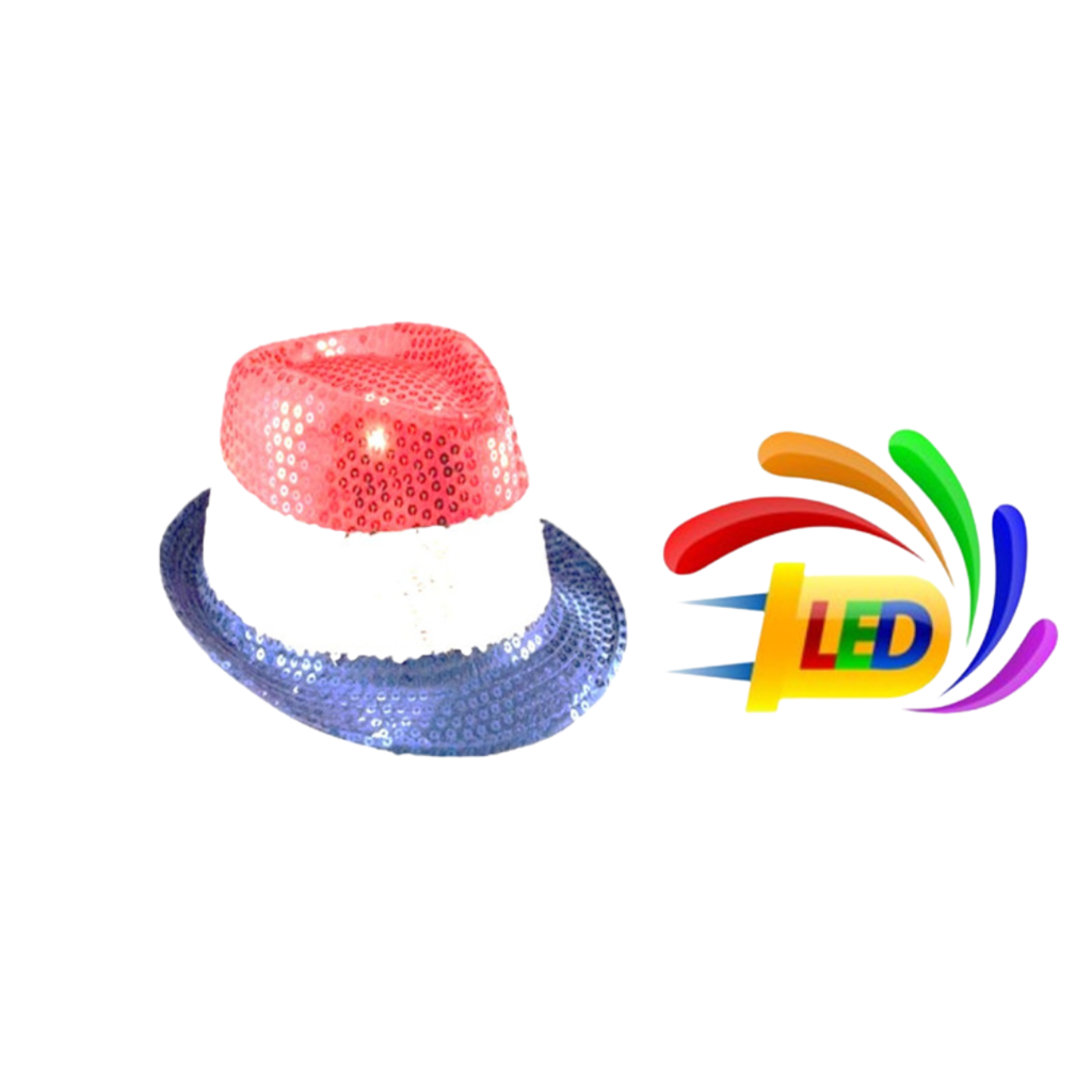 Sombrero de lentejuelas LED intermitentes azul, blanco y rojo 3 pilas LR44 incluidas