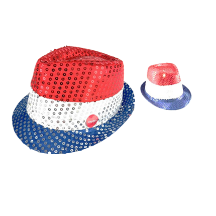 Sombrero de lentejuelas LED intermitentes azul, blanco y rojo 3 pilas LR44 incluidas
