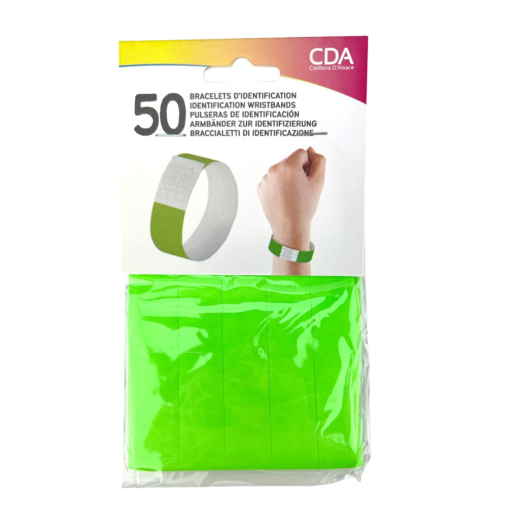 50 pulseras de identificación de papel VERDE - a prueba de rasgaduras