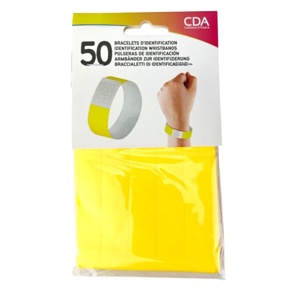 50 pulseras de identificación de papel AMARILLO - a prueba de desgarros