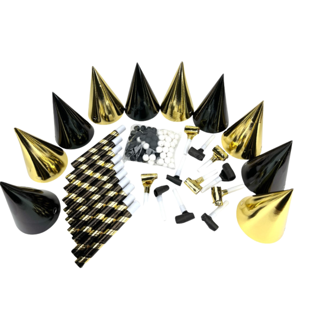 Kit de fiesta dorado y negro para 10 personas
