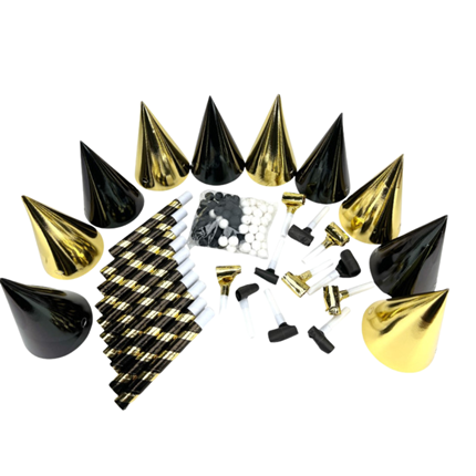 Kit de fiesta dorado y negro para 10 personas