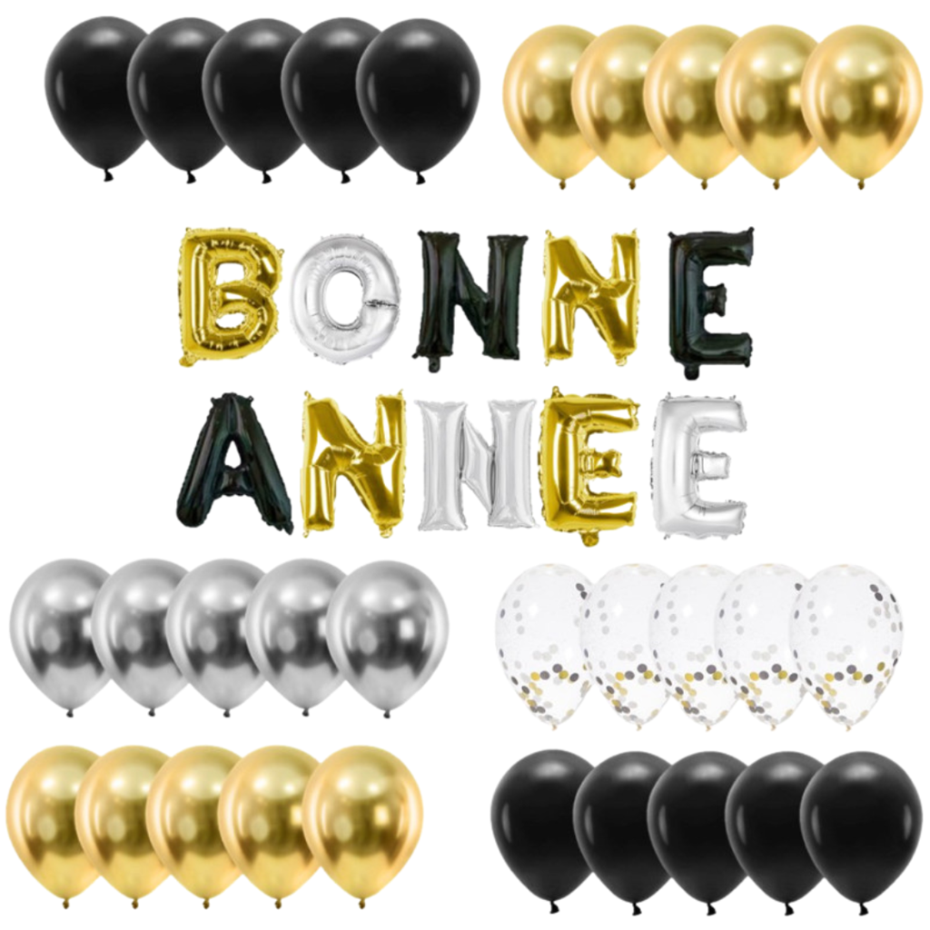 Kit decoración Año Nuevo 40 globos 30 cm - 30 globos látex + FELIZ AÑO NUEVO 30 cm