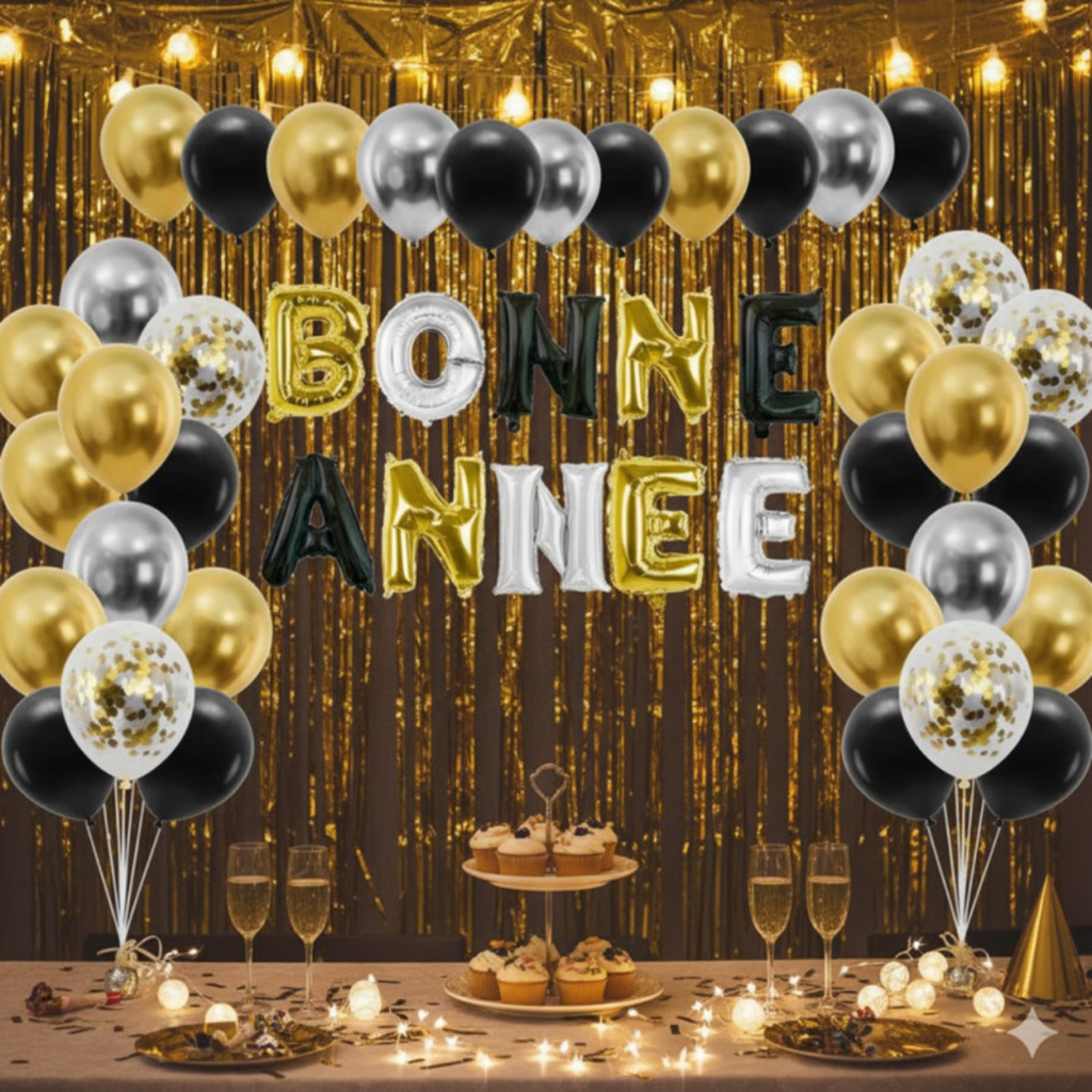 Kit decoración Año Nuevo 40 globos 30 cm - 30 globos látex + FELIZ AÑO NUEVO 30 cm