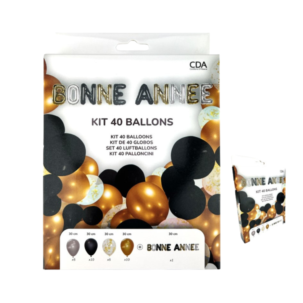 Kit decoración Año Nuevo 40 globos 30 cm - 30 globos látex + FELIZ AÑO NUEVO 30 cm