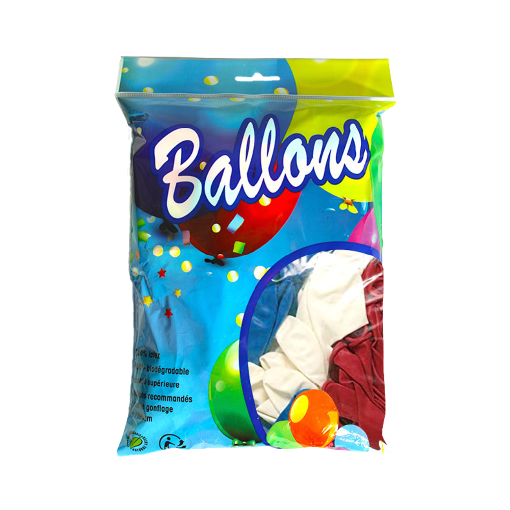 100 globos azules, blancos y rojos de 30 cm