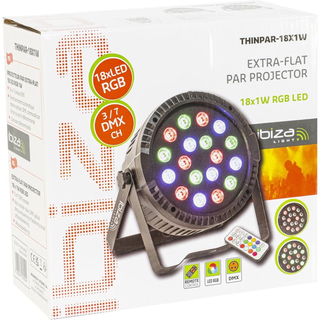 Proyector PAR EXTRA-PLAT - 18 Leds RGB 1W (6 rojo, 6 verde, 6 azul) - Ibiza light