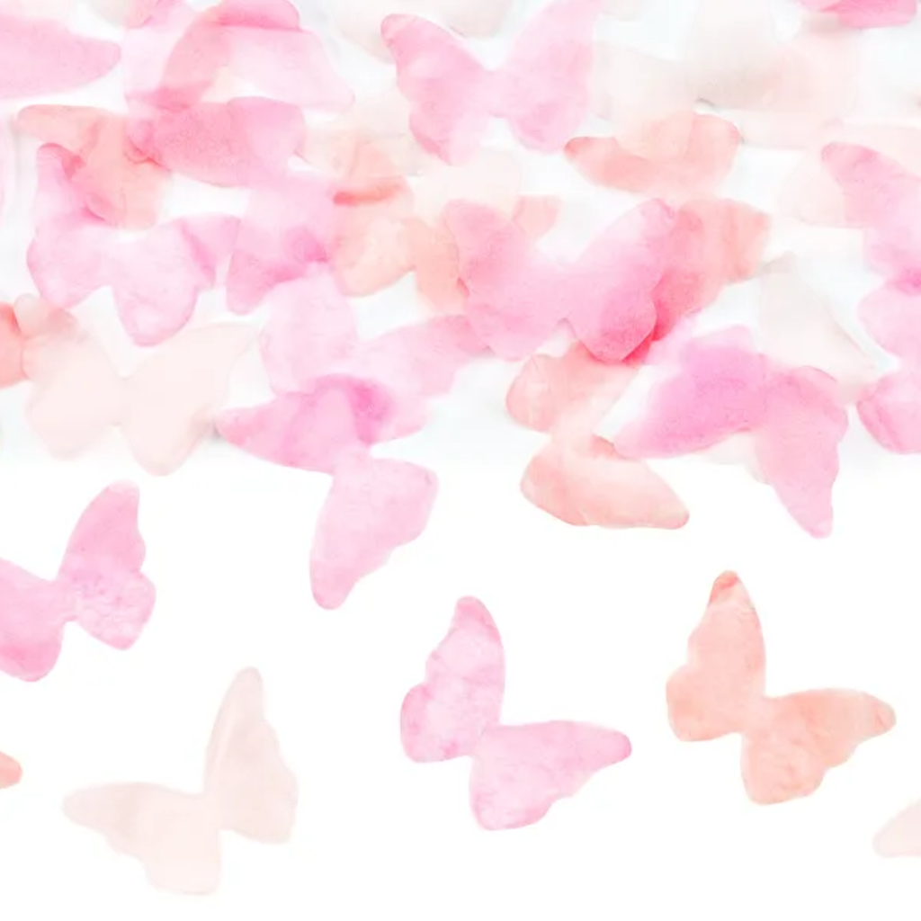 Cañón de confeti Gender Reveal con mariposas rosas 20 cm