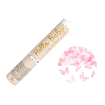 Cañón de confeti Gender Reveal con mariposas rosas 20 cm