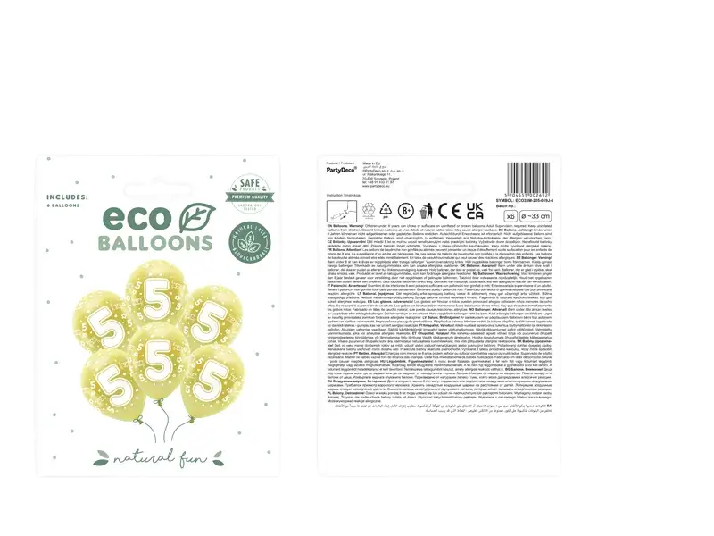 Globos 6 Eco 33 cm, número ''5'', dorados