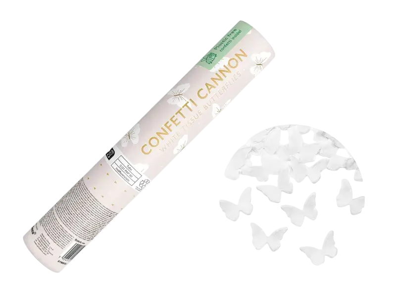 Cañón de confeti con mariposas blancas 20 cm