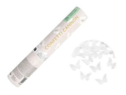 Cañón de confeti con mariposas blancas 20 cm