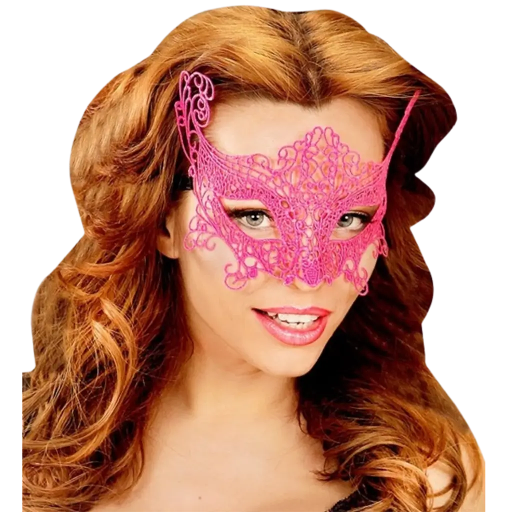 Máscara de lobo de encaje rosa neón