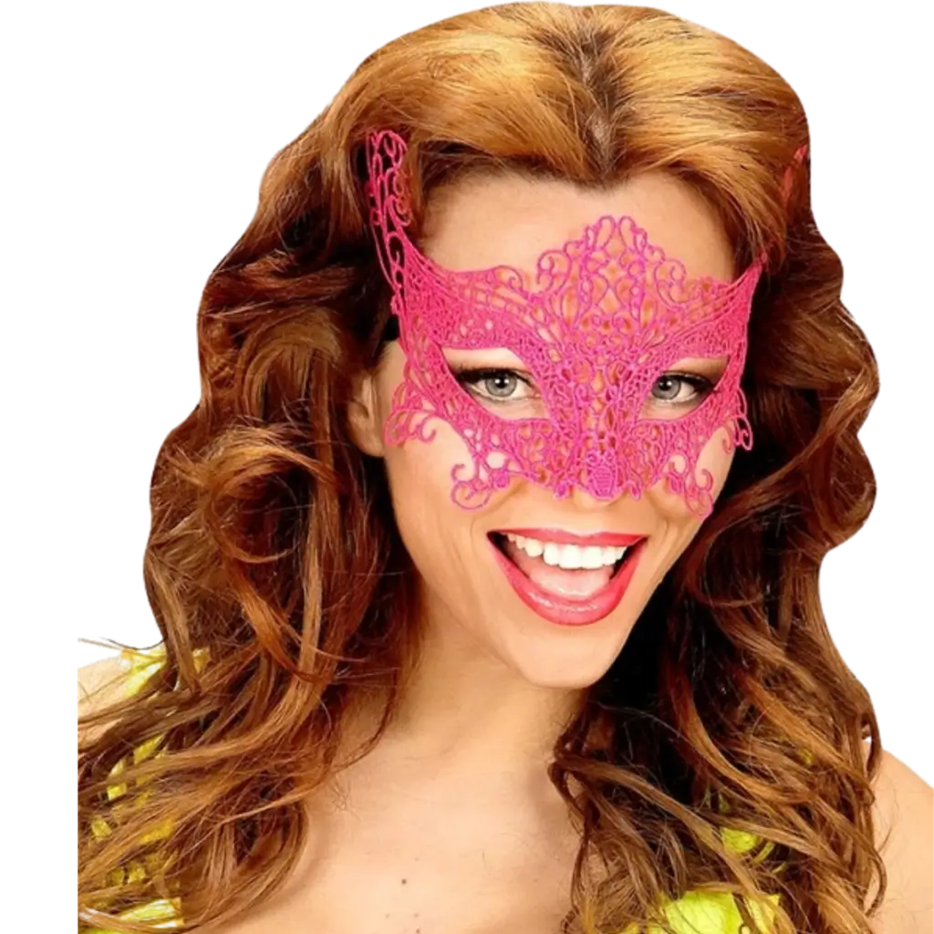 Máscara de lobo de encaje rosa neón