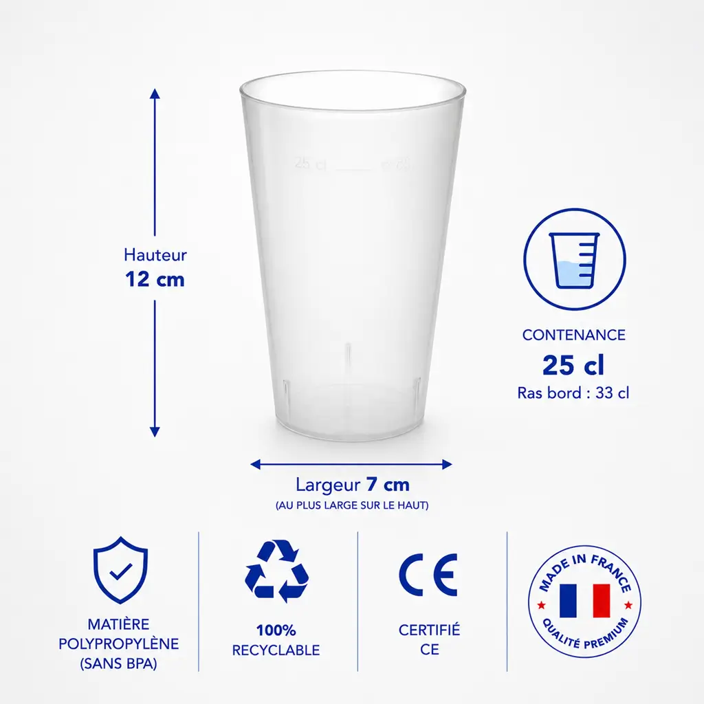 Lote de 50 vasos Ecocup de 25 cl (33 cl hasta el borde), reutilizables - Tipo «Demi», zumos, refrescos