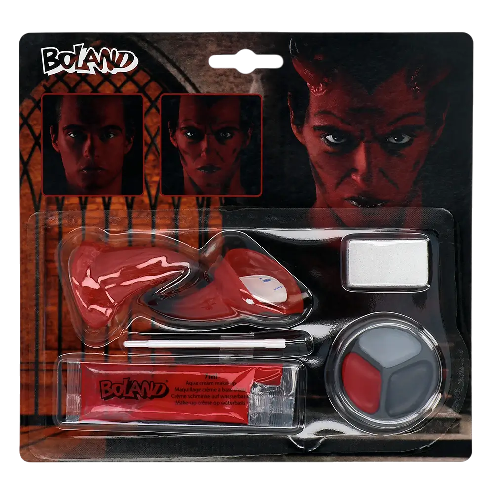 Kit de maquillaje de diablo: cuernos, maquillaje, esponja y pincel