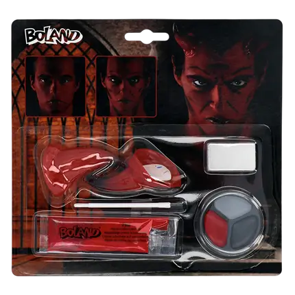 Kit de maquillaje de diablo: cuernos, maquillaje, esponja y pincel