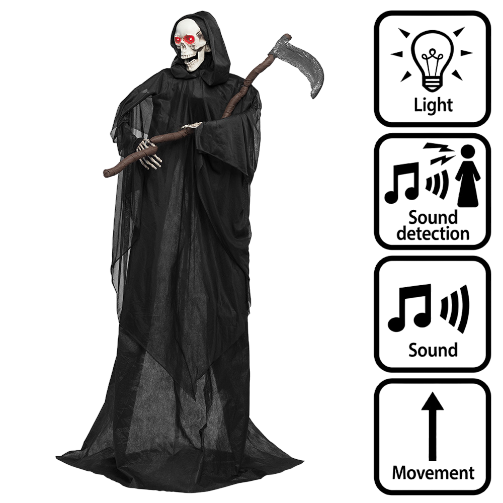 Muñeco esqueleto de la Parca con guadaña animado, 183 cm – Halloween