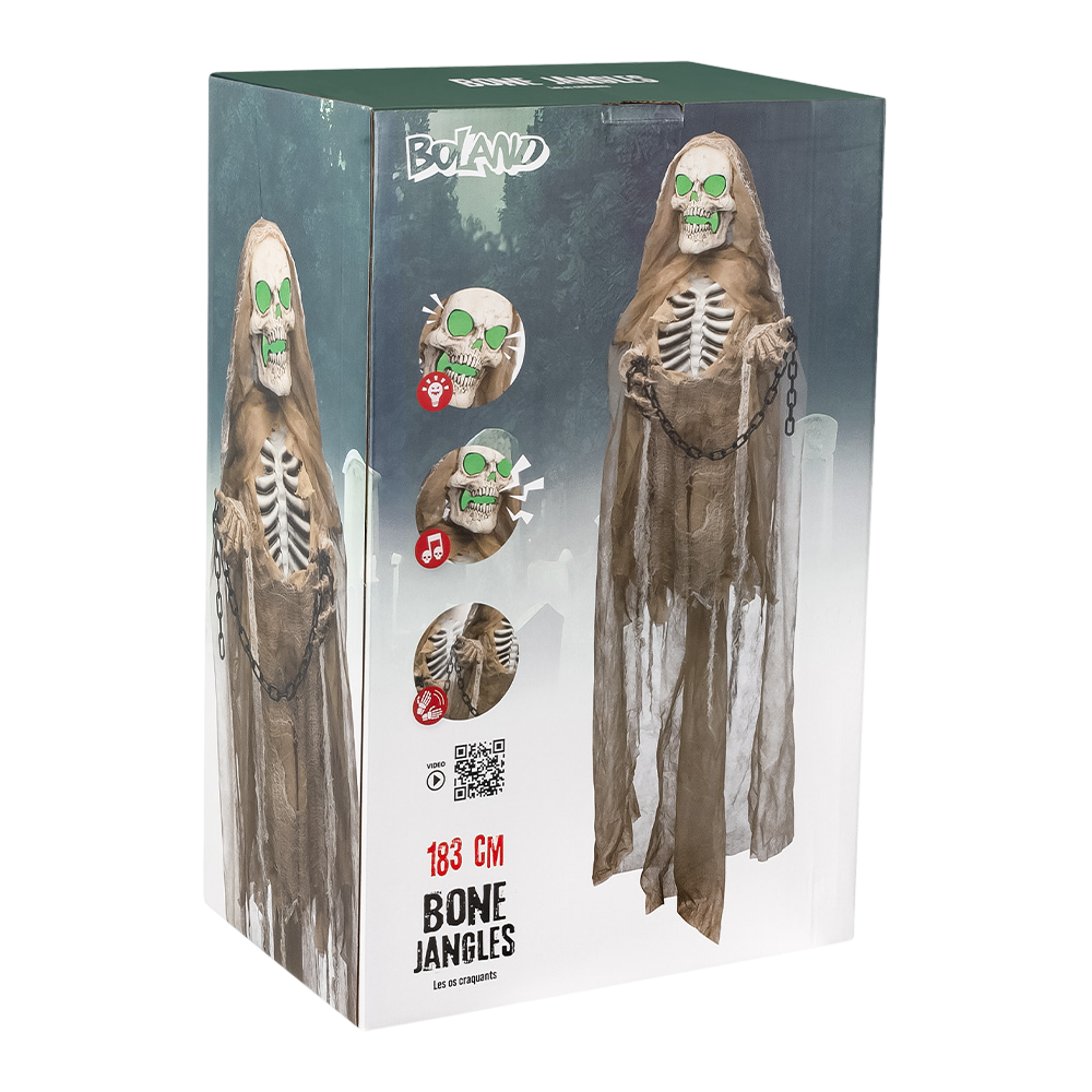 Muñeco esqueleto animado, luminoso y con sonido, con cadenas, 183 cm – Halloween