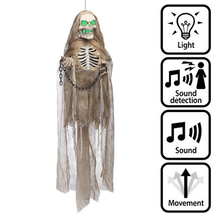 Muñeco esqueleto animado, luminoso y con sonido, con cadenas, 183 cm – Halloween