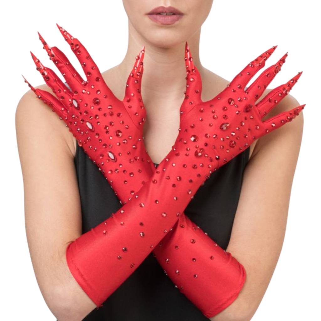 Guantes rojos «Diablesse» con pedrería, 45 cm – Accesorio de Halloween