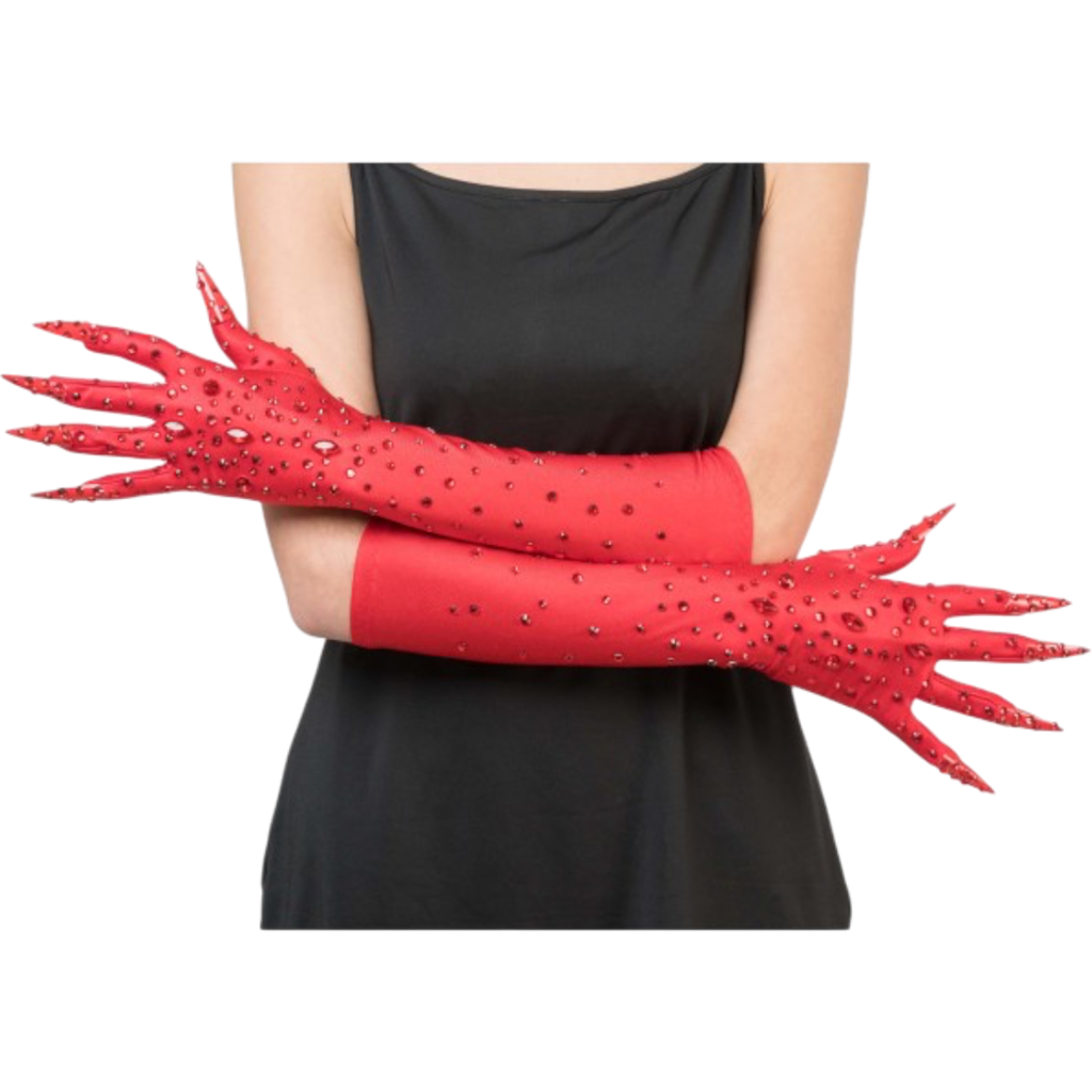 Guantes rojos «Diablesse» con pedrería, 45 cm – Accesorio de Halloween
