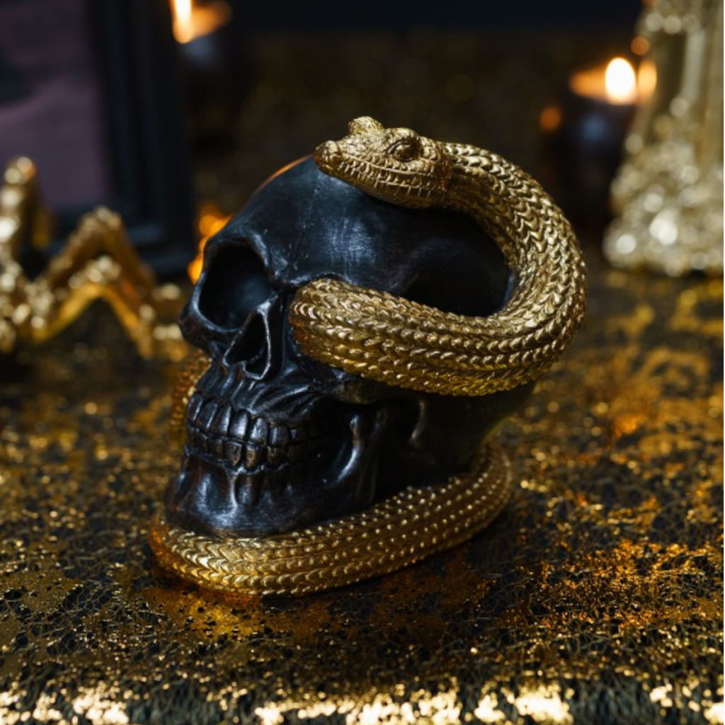 Cráneo con serpiente dorada, 14,5 cm – Decoración de Halloween
