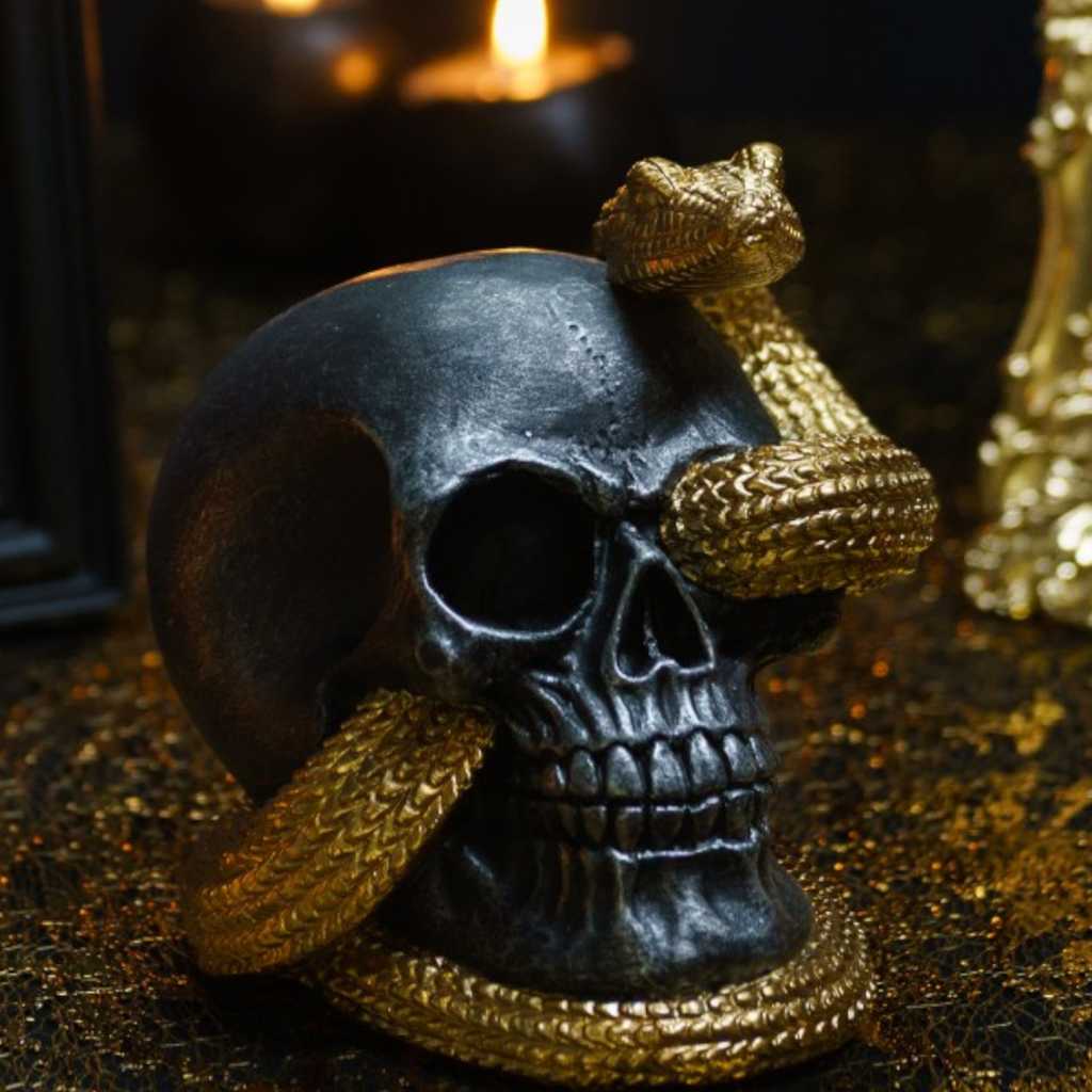 Cráneo con serpiente dorada, 14,5 cm – Decoración de Halloween