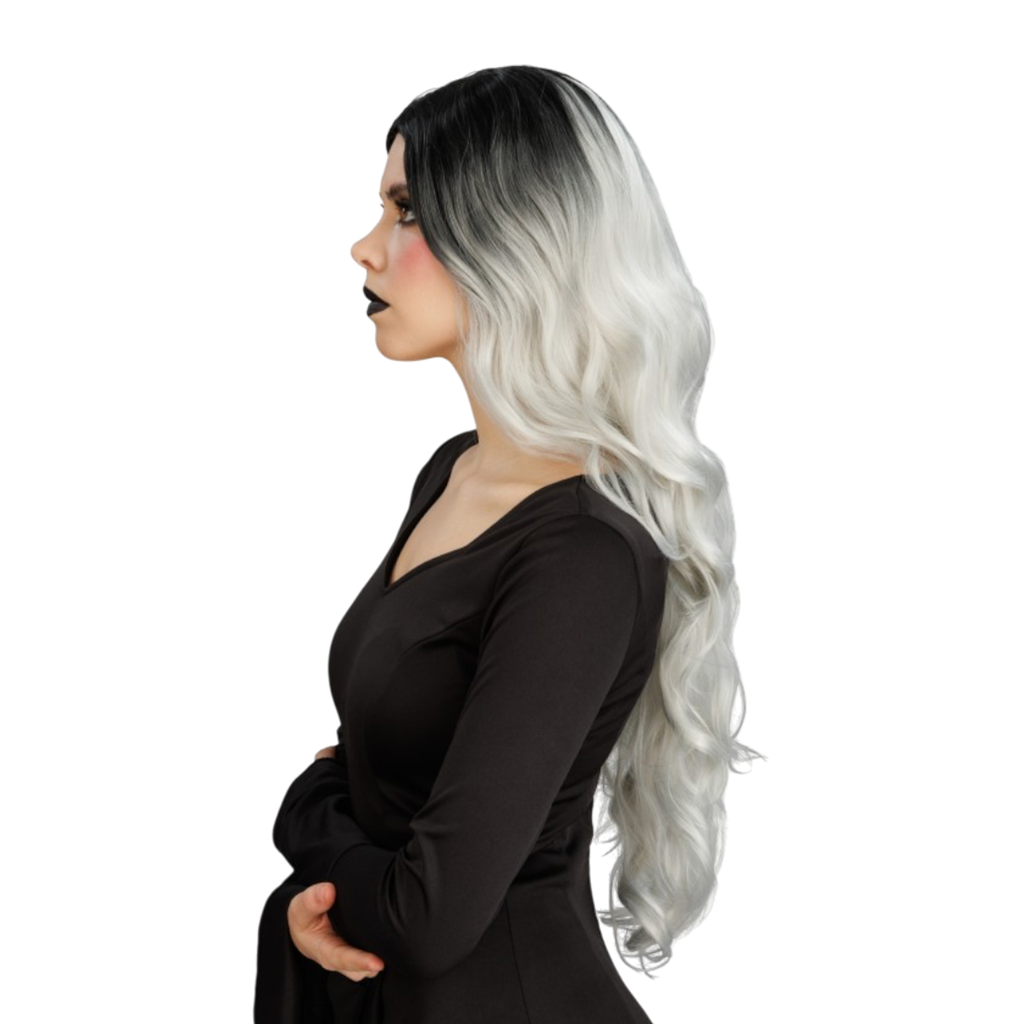 Peluca de bruja glamurosa gris con degradado, 65 cm – Halloween