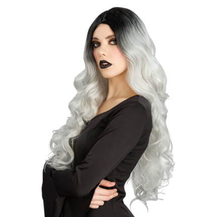 Peluca de bruja glamurosa gris con degradado, 65 cm – Halloween