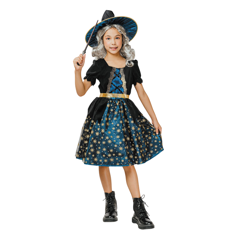 Disfraz de bruja azul estrellada para niños de 4 a 6 años – Halloween
